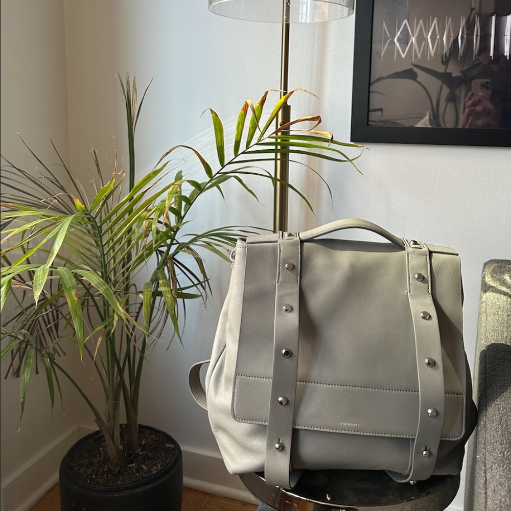 All Saints light gray leather studded backpack with silver detail